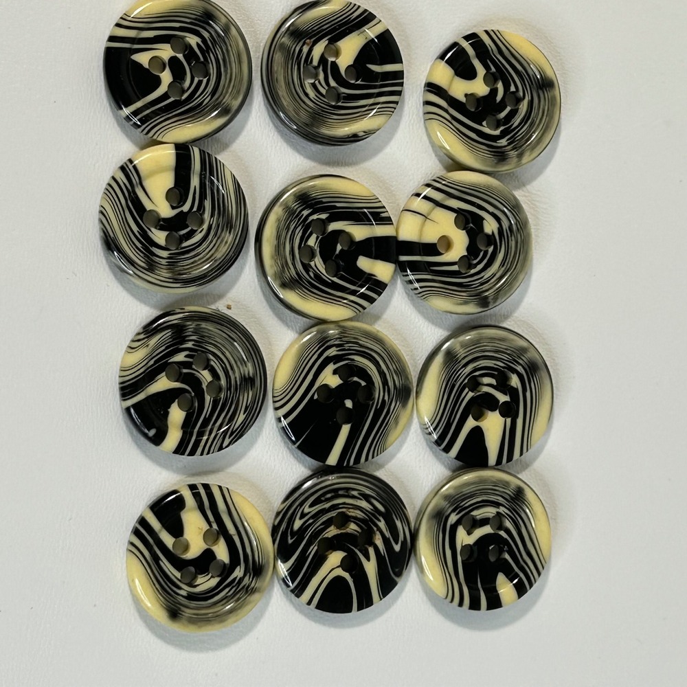 12pc Black Cream Marbled Swirl Buttons 20mm Round 4-Hole Coat Blazer Fasteners - Picture 2 of 3